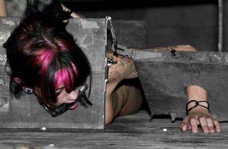Submissive brunette Kayden Faye gets bound with straps and put in the stocks