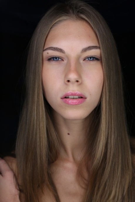 Teen with amazing eyes Abby licks her lips and spreads her fuckable twat