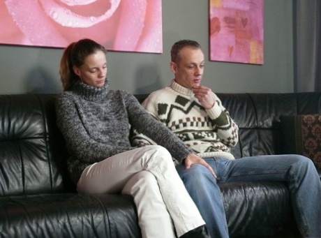 Kinky teen with tiny boobs enjoys a hardcore bi threesome on a couch