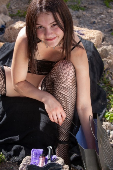 Brunette teen in hot lingerie Matty drops her jacket & rubs her twat outdoors