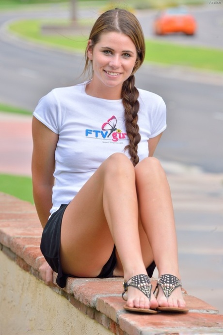 Adorable brunette Aveline flashes her cunt in public and stretches it on a bed
