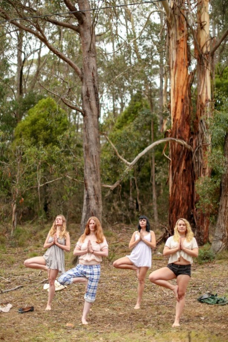 Gorgeous Australian girls practicing yoga in their hot outfits in nature