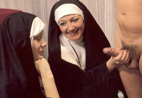 Perverted nuns getting involved in a kinky vintage 3some with an older dude