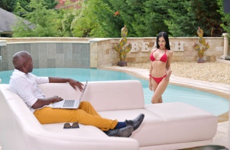 Raven-haired Russian Sasha Rose gets her twat demolished by a BBC poolside