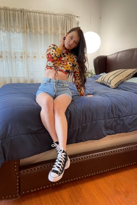 Amateur girlfriend Misha Cross presents her trimmed cunt and shaved butthole