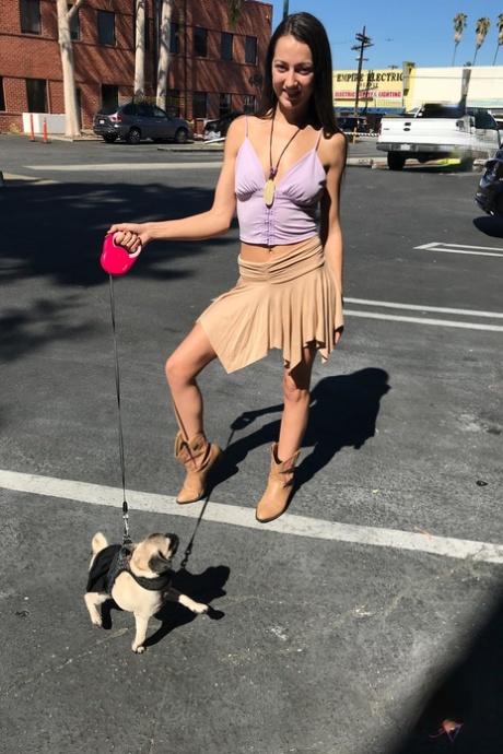 Teen Lily Adams unveils her yummy pussy after showing her tiny tits in public