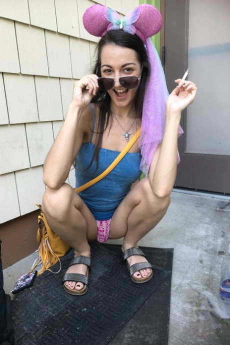 Teen Lily Adams unveils her yummy pussy after showing her tiny tits in public