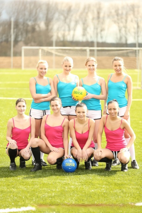 Soccer girls show their bodies at the field before lesbian orgy in a shower