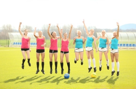 Soccer girls show their bodies at the field before lesbian orgy in a shower