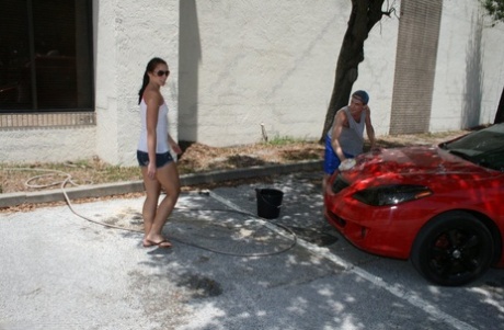Naughty teen teases with her tiny tits & gives a hung carwash guy a handjob
