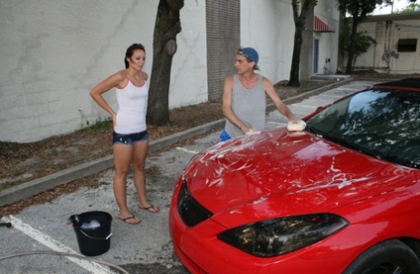 Naughty teen teases with her tiny tits & gives a hung carwash guy a handjob