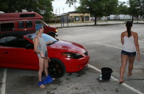 Naughty teen teases with her tiny tits & gives a hung carwash guy a handjob
