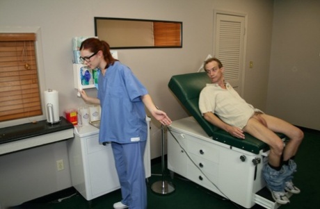 Nerdy nurse Melody Jordan strips her uniform & gives her patient a hot handjob