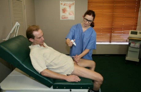 Nerdy nurse Melody Jordan strips her uniform & gives her patient a hot handjob