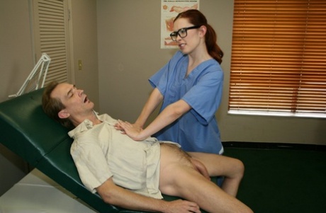 Nerdy nurse Melody Jordan strips her uniform & gives her patient a hot handjob