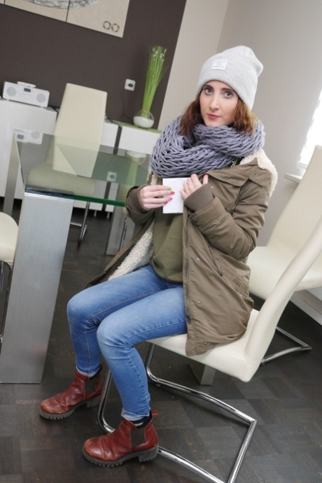 Brunette teen Lia Louise sheds her winter clothes to enjoy a hardcore fuck