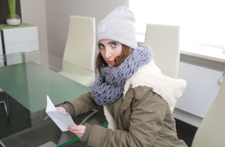 Brunette teen Lia Louise sheds her winter clothes to enjoy a hardcore fuck