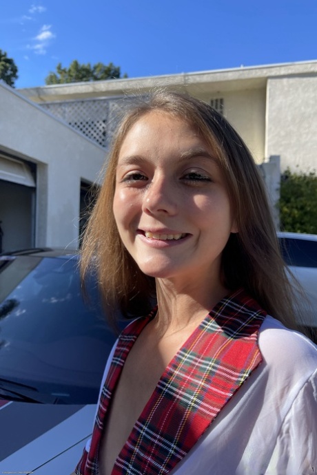 Schoolgirl Mira Monroe spreads her pussy outdoors & fingers her ass on her bed