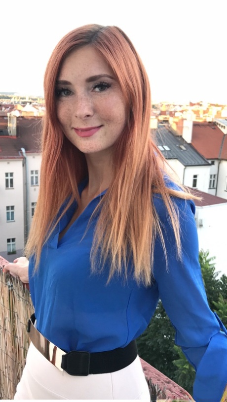 Sexy redhead Kattie Gold spreads her tight pussy while stripping for POV sex