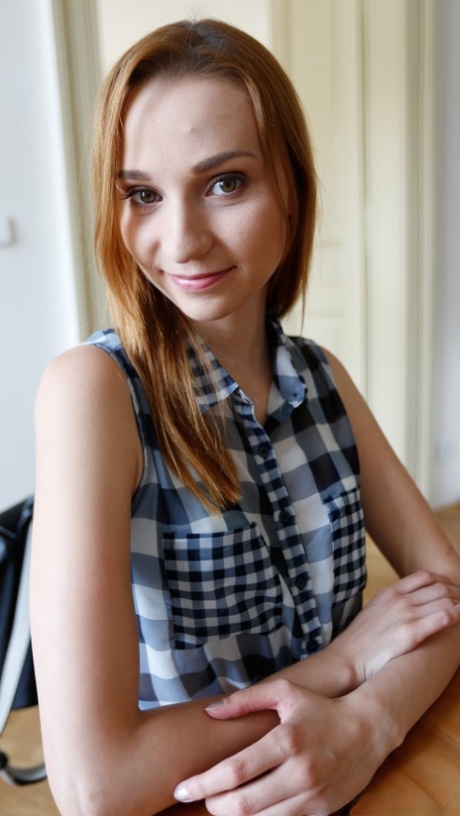 Sexy redhead Radka shows off her petite body while stripping for some POV sex