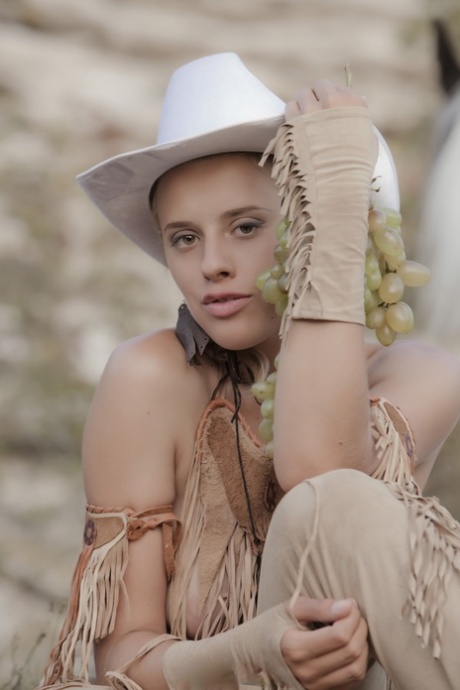 Sexy blonde cowgirl babe teases with her hot love holes outdoors