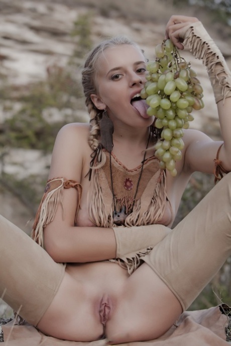 Sexy blonde cowgirl babe teases with her hot love holes outdoors