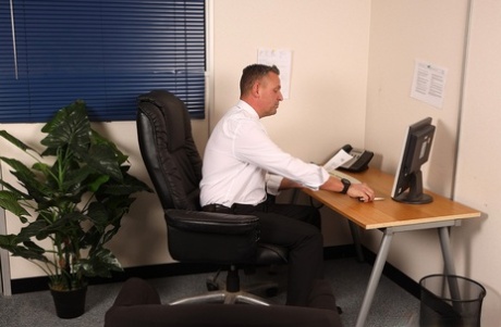 Secretary Honour May seduces her boss into a CFNM 4some with naughty interns