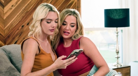 Beautiful blonde lesbians Blake Blossom & Kenna James kiss and lick pussy
