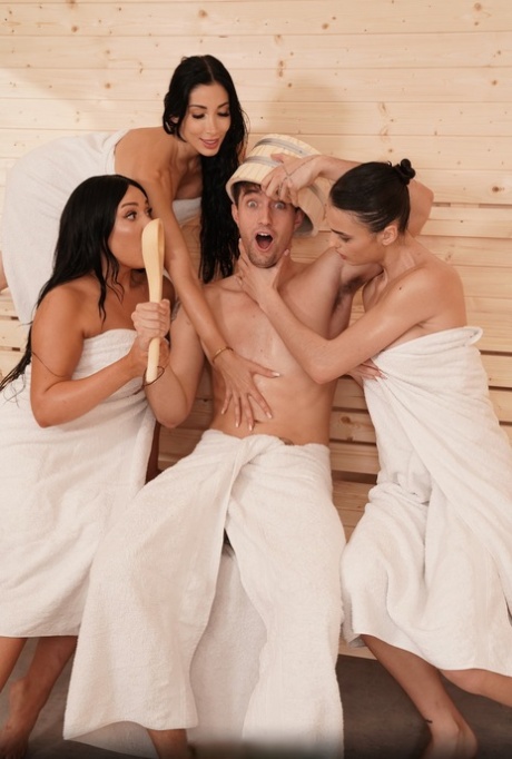 European teens with amazing big tits and round bums share a dick in a sauna