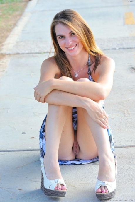 Adorable babe Thena lifting her dress up in public & flashing her tits & muff