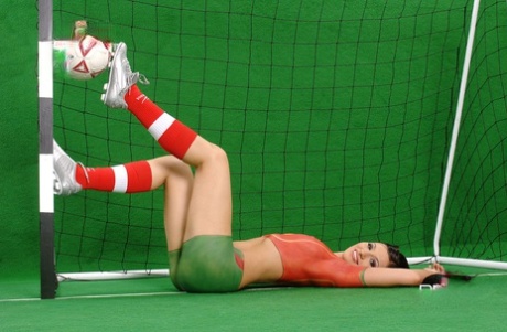 Sexy European Tracy Miller poses in a painted-on Portuguese futebol jersey