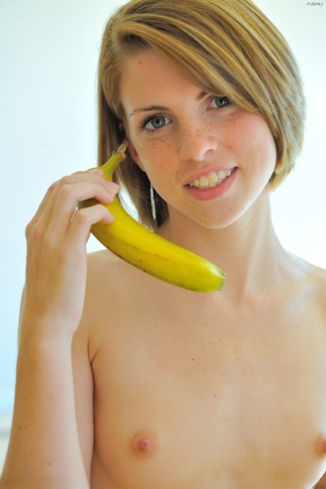 Sweet teen Aubrey shows her tiny boobs and masturbates with a banana